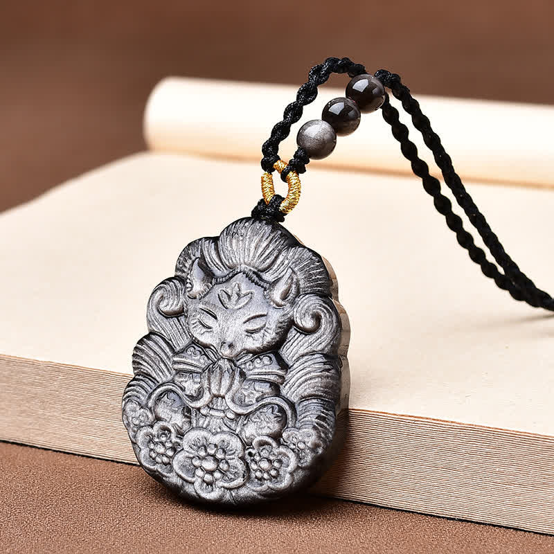 Nimara Ritual Black Obsidian Nine-Tail Fox Protection Hand Carved Necklace