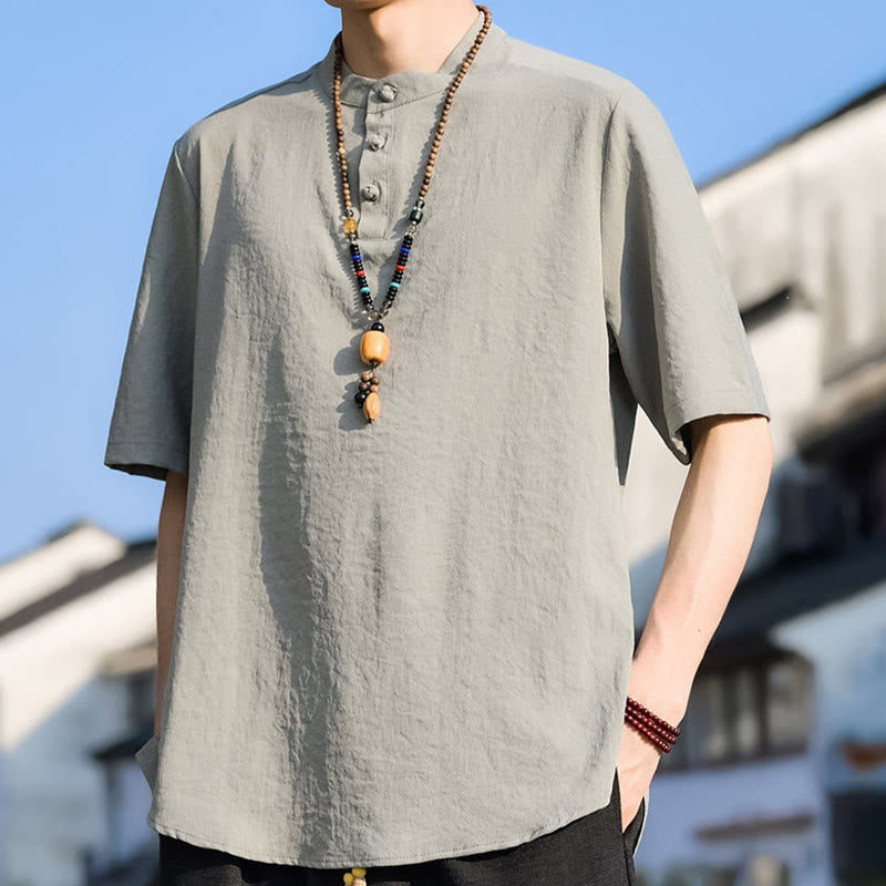 Nimara Ritual Summer Casual Mandarin Collar Three Buttons Solid Men's Short Sleeve Shirts