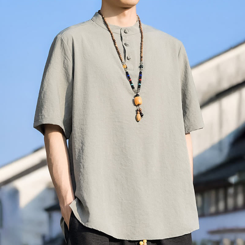 Nimara Ritual Summer Casual Mandarin Collar Three Buttons Solid Men's Short Sleeve Shirts
