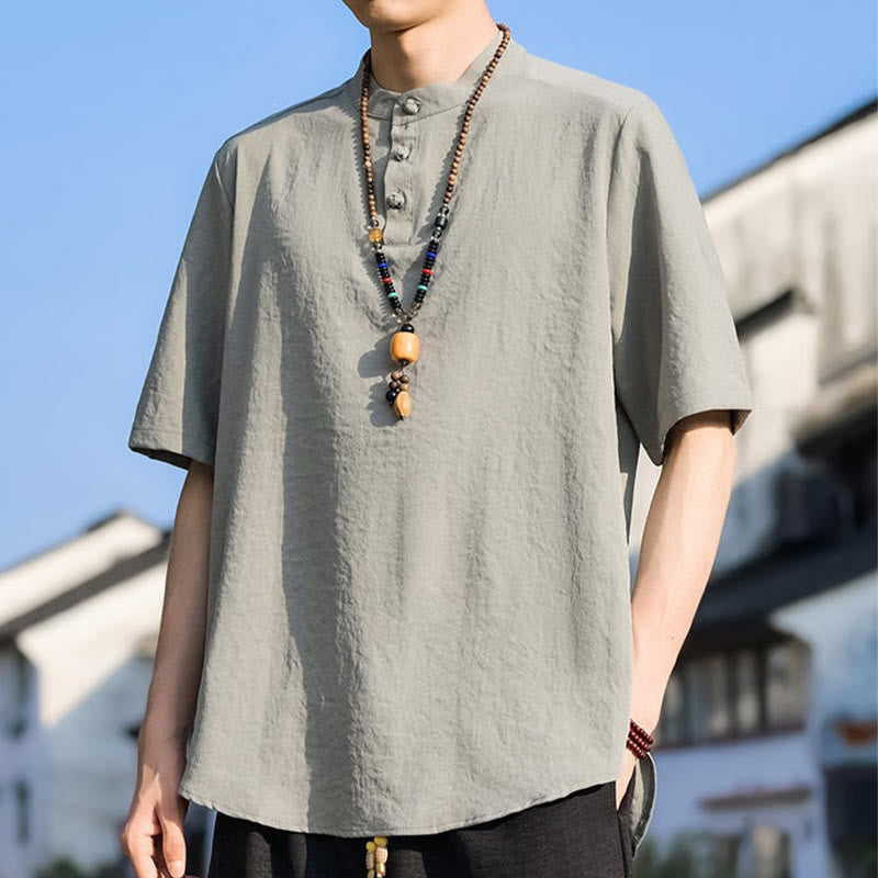 Nimara Ritual Summer Casual Mandarin Collar Three Buttons Solid Men's Short Sleeve Shirts