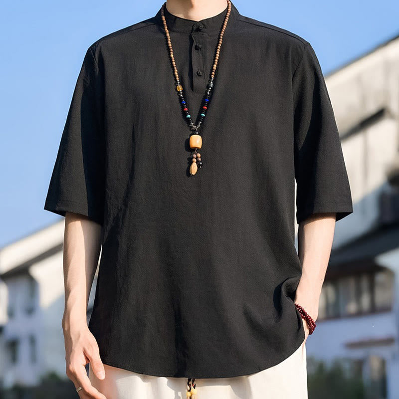 Nimara Ritual Summer Casual Mandarin Collar Three Buttons Solid Men's Short Sleeve Shirts