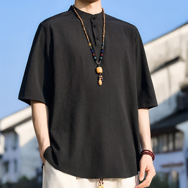 Nimara Ritual Summer Casual Mandarin Collar Three Buttons Solid Men's Short Sleeve Shirts
