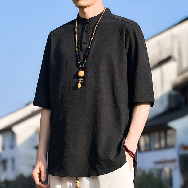 Nimara Ritual Summer Casual Mandarin Collar Three Buttons Solid Men's Short Sleeve Shirts