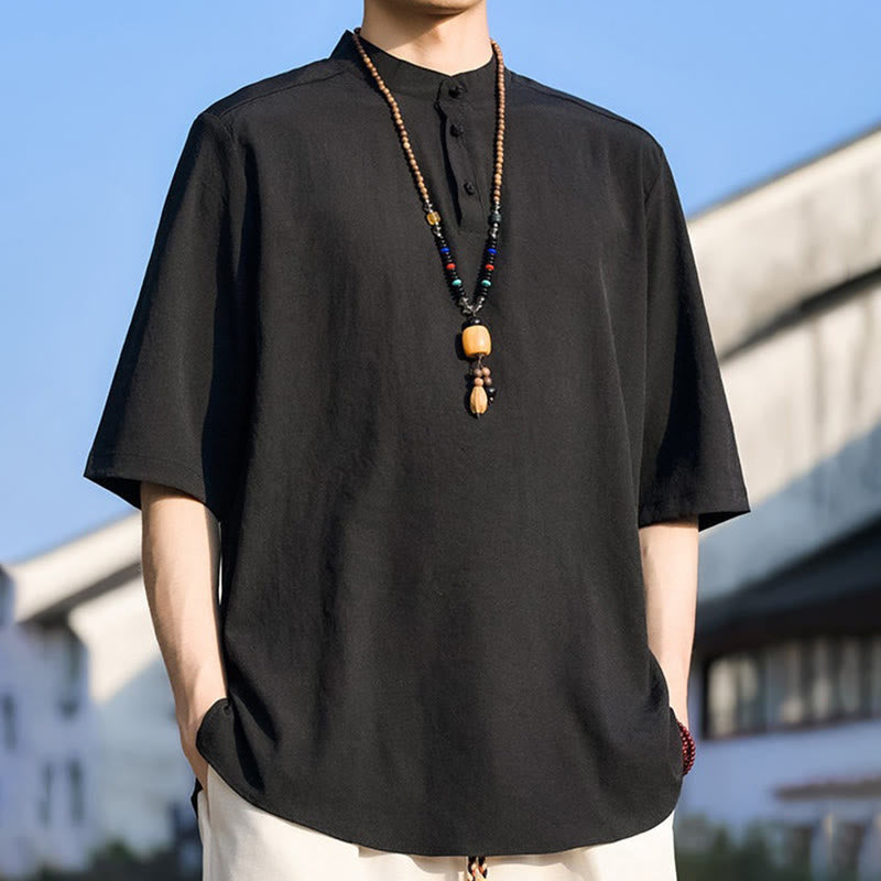 Nimara Ritual Summer Casual Mandarin Collar Three Buttons Solid Men's Short Sleeve Shirts