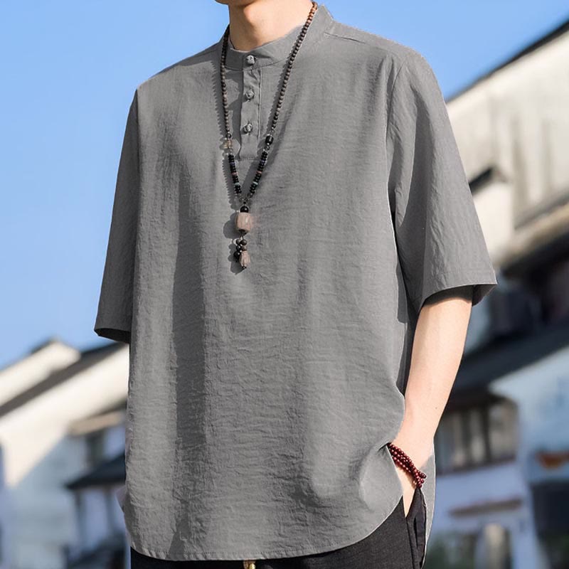 Nimara Ritual Summer Casual Mandarin Collar Three Buttons Solid Men's Short Sleeve Shirts