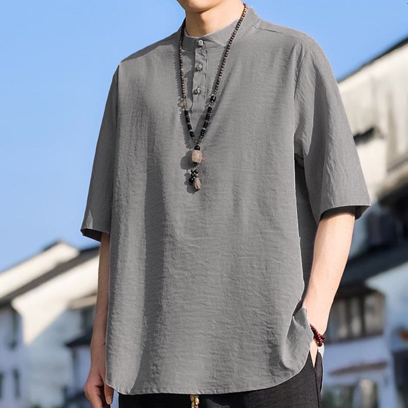 Nimara Ritual Summer Casual Mandarin Collar Three Buttons Solid Men's Short Sleeve Shirts