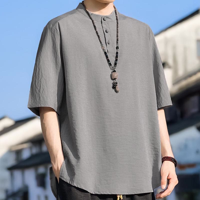 Nimara Ritual Summer Casual Mandarin Collar Three Buttons Solid Men's Short Sleeve Shirts