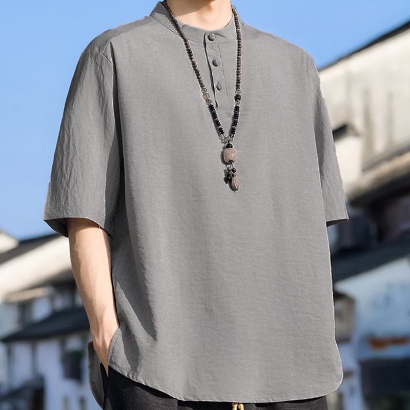 Nimara Ritual Summer Casual Mandarin Collar Three Buttons Solid Men's Short Sleeve Shirts