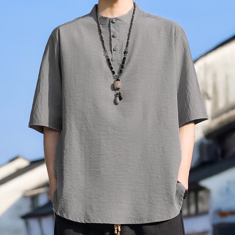 Nimara Ritual Summer Casual Mandarin Collar Three Buttons Solid Men's Short Sleeve Shirts
