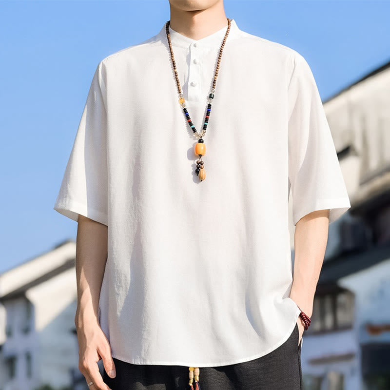 Nimara Ritual Summer Casual Mandarin Collar Three Buttons Solid Men's Short Sleeve Shirts