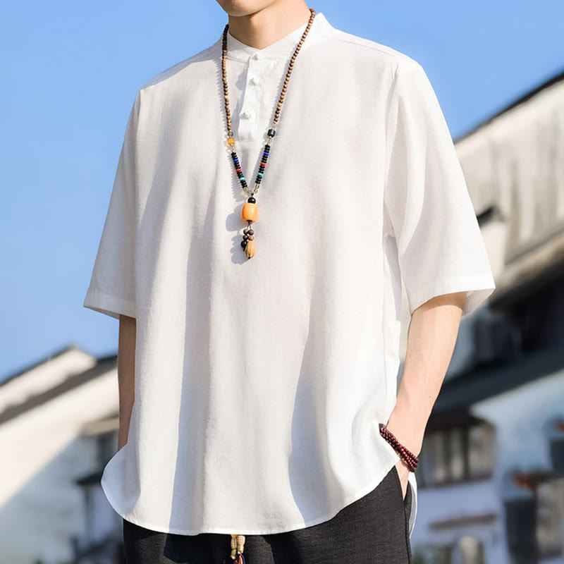 Nimara Ritual Summer Casual Mandarin Collar Three Buttons Solid Men's Short Sleeve Shirts