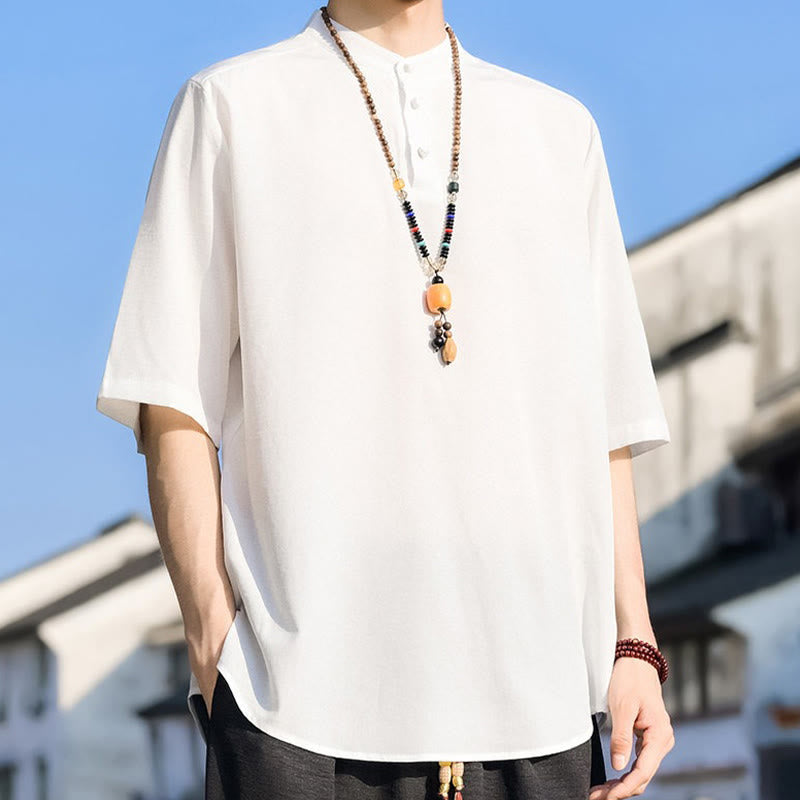 Nimara Ritual Summer Casual Mandarin Collar Three Buttons Solid Men's Short Sleeve Shirts