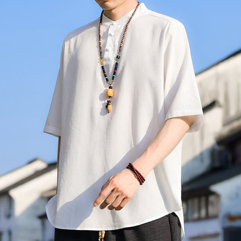 Nimara Ritual Summer Casual Mandarin Collar Three Buttons Solid Men's Short Sleeve Shirts
