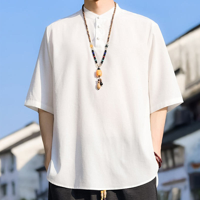 Nimara Ritual Summer Casual Mandarin Collar Three Buttons Solid Men's Short Sleeve Shirts
