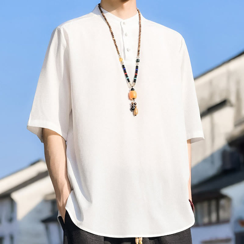 Nimara Ritual Summer Casual Mandarin Collar Three Buttons Solid Men's Short Sleeve Shirts