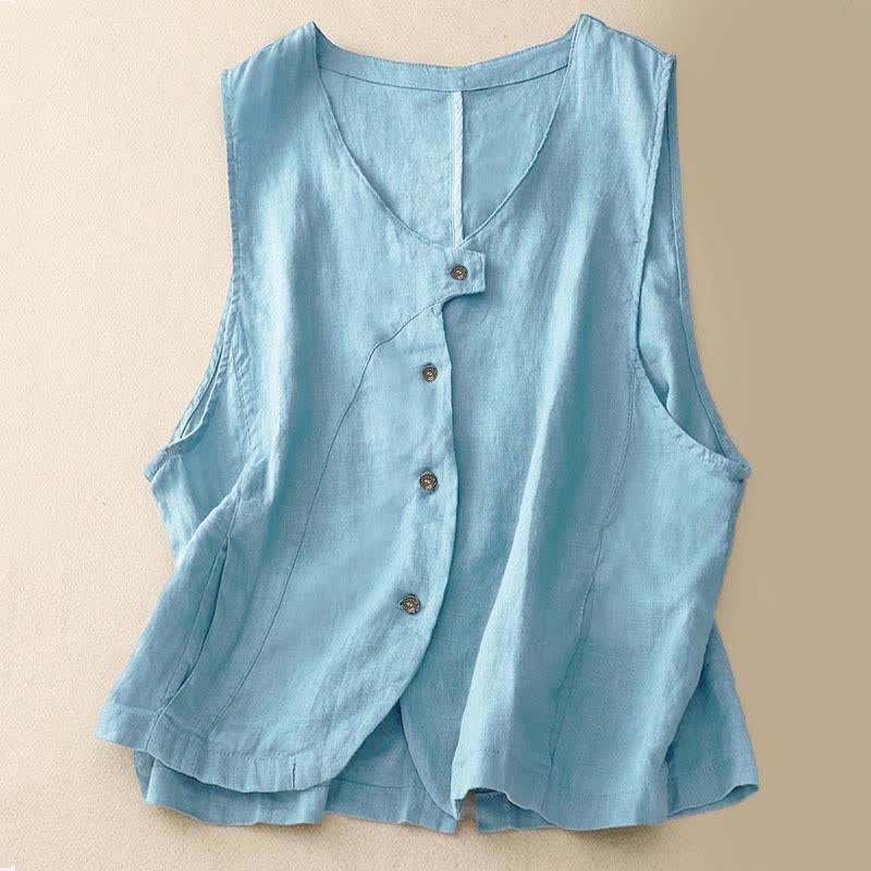 Nimara Ritual Summer Casual Minimalist Lines Button-Up Solid Women's Sleeveless Shirts Tank Top With Pocket