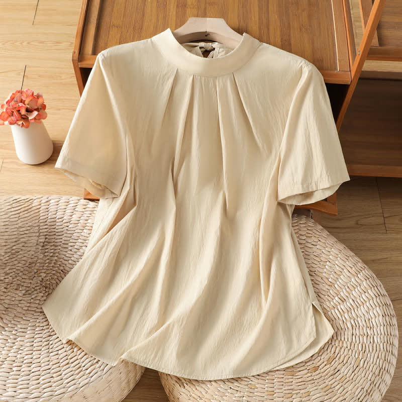 Nimara Ritual Summer Crew Neck Front Pleats Lace-up Side Slit Solid Women's Short Sleeve Shirts