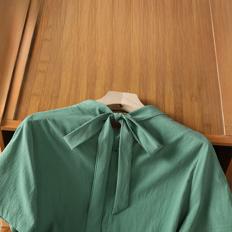 Nimara Ritual Summer Crew Neck Front Pleats Lace-up Side Slit Solid Women's Short Sleeve Shirts