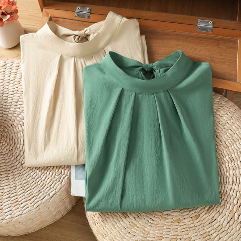 Nimara Ritual Summer Crew Neck Front Pleats Lace-up Side Slit Solid Women's Short Sleeve Shirts
