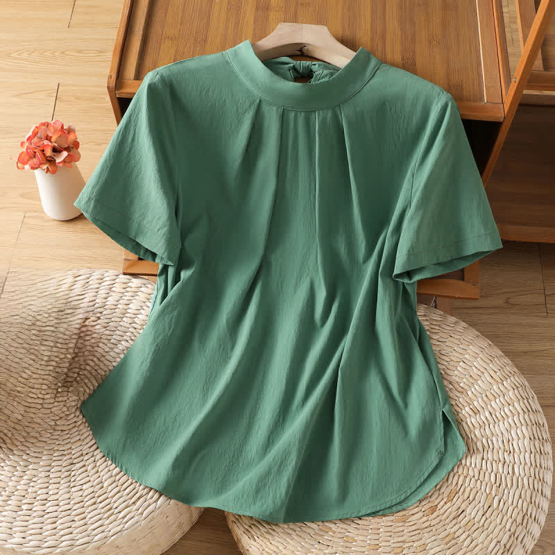 Nimara Ritual Summer Crew Neck Front Pleats Lace-up Side Slit Solid Women's Short Sleeve Shirts