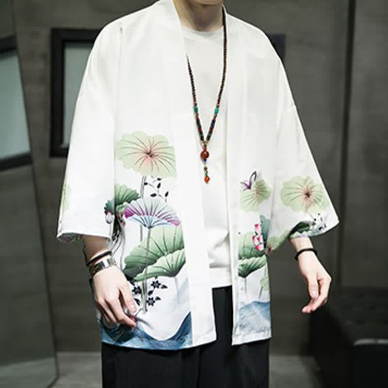 Nimara Ritual Summer Casual Lotus Leaves Butterfly Crane Print Open Front Men's Kimono