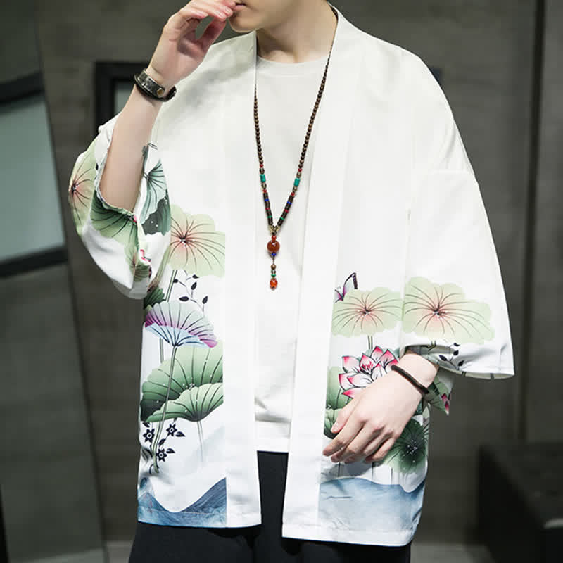 Nimara Ritual Summer Casual Lotus Leaves Butterfly Crane Print Open Front Men's Kimono