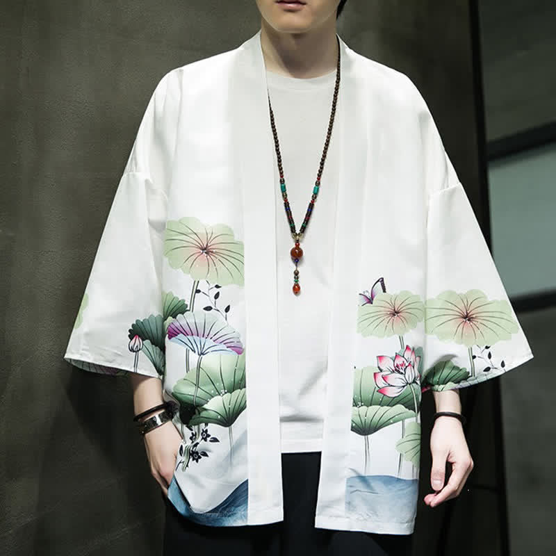 Nimara Ritual Summer Casual Lotus Leaves Butterfly Crane Print Open Front Men's Kimono