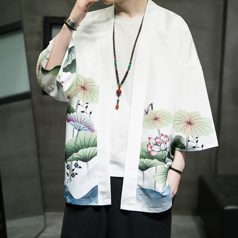 Nimara Ritual Summer Casual Lotus Leaves Butterfly Crane Print Open Front Men's Kimono