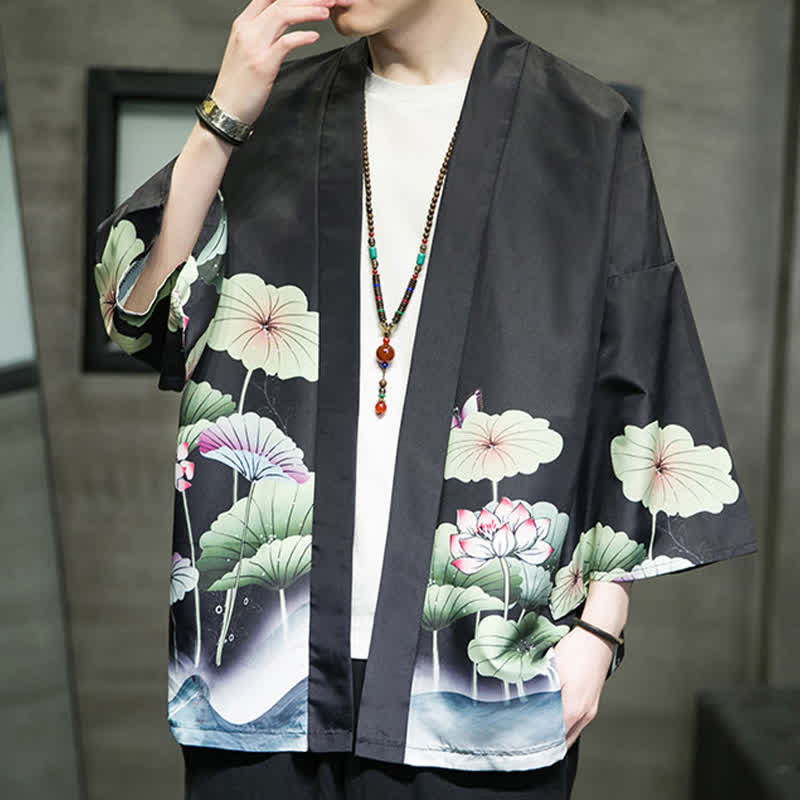 Nimara Ritual Summer Casual Lotus Leaves Butterfly Crane Print Open Front Men's Kimono