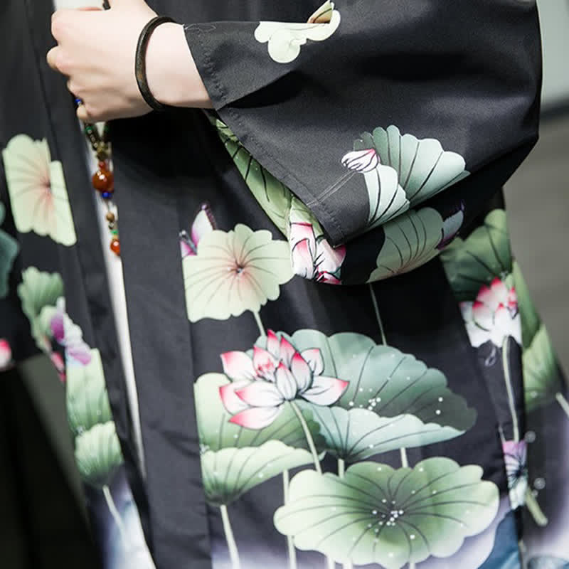 Nimara Ritual Summer Casual Lotus Leaves Butterfly Crane Print Open Front Men's Kimono