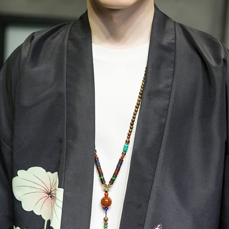 Nimara Ritual Summer Casual Lotus Leaves Butterfly Crane Print Open Front Men's Kimono