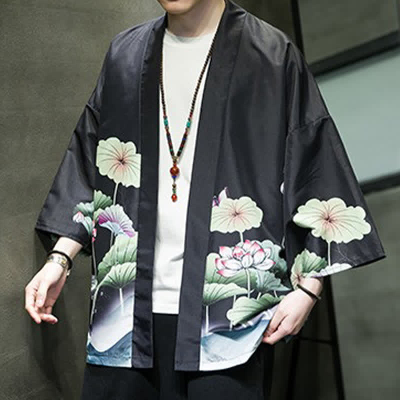 Nimara Ritual Summer Casual Lotus Leaves Butterfly Crane Print Open Front Men's Kimono