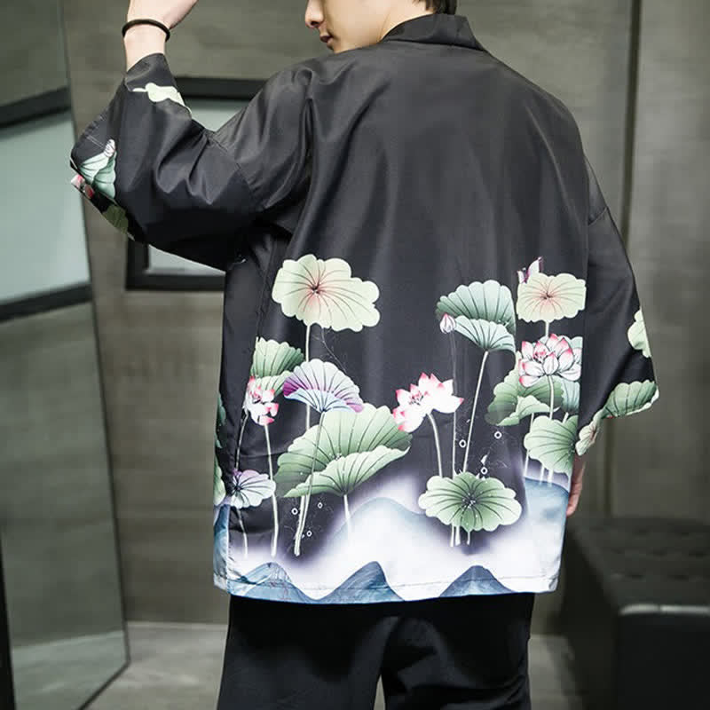 Nimara Ritual Summer Casual Lotus Leaves Butterfly Crane Print Open Front Men's Kimono