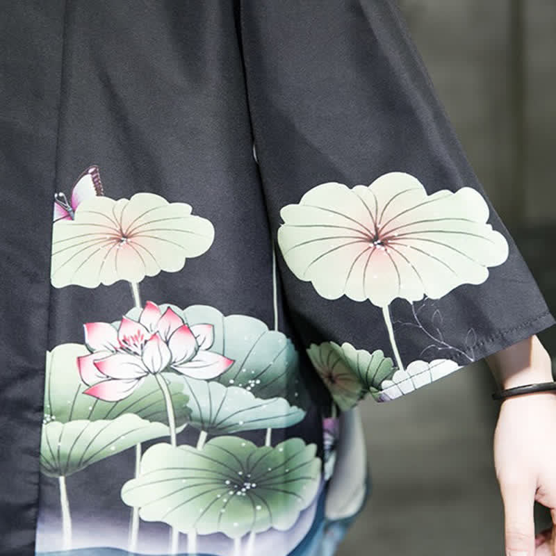 Nimara Ritual Summer Casual Lotus Leaves Butterfly Crane Print Open Front Men's Kimono