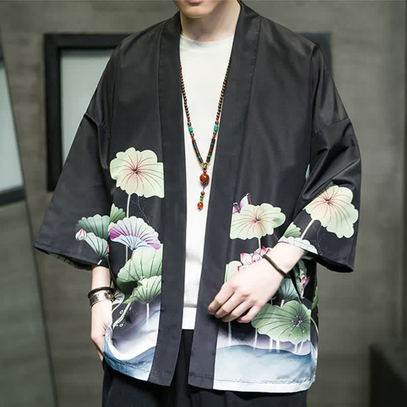 Nimara Ritual Summer Casual Lotus Leaves Butterfly Crane Print Open Front Men's Kimono