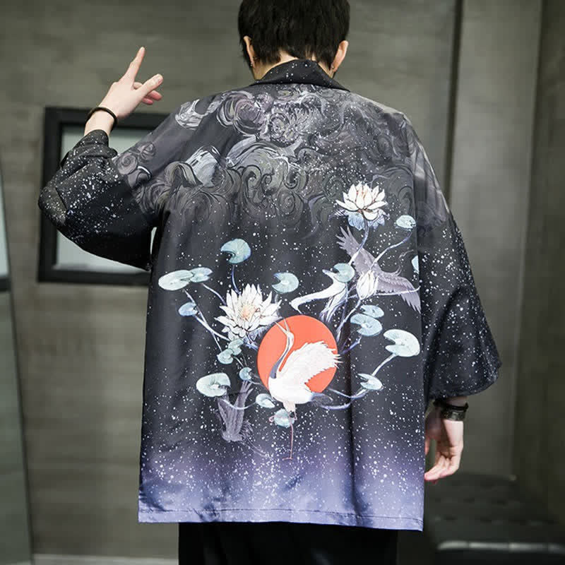 Nimara Ritual Summer Casual Lotus Leaves Butterfly Crane Print Open Front Men's Kimono