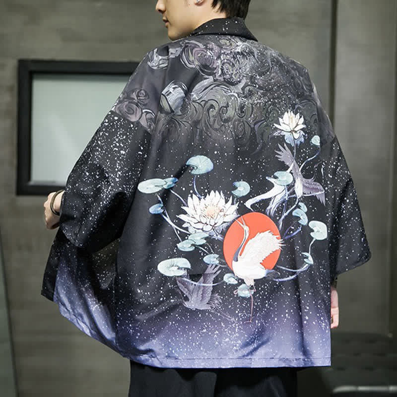 Nimara Ritual Summer Casual Lotus Leaves Butterfly Crane Print Open Front Men's Kimono