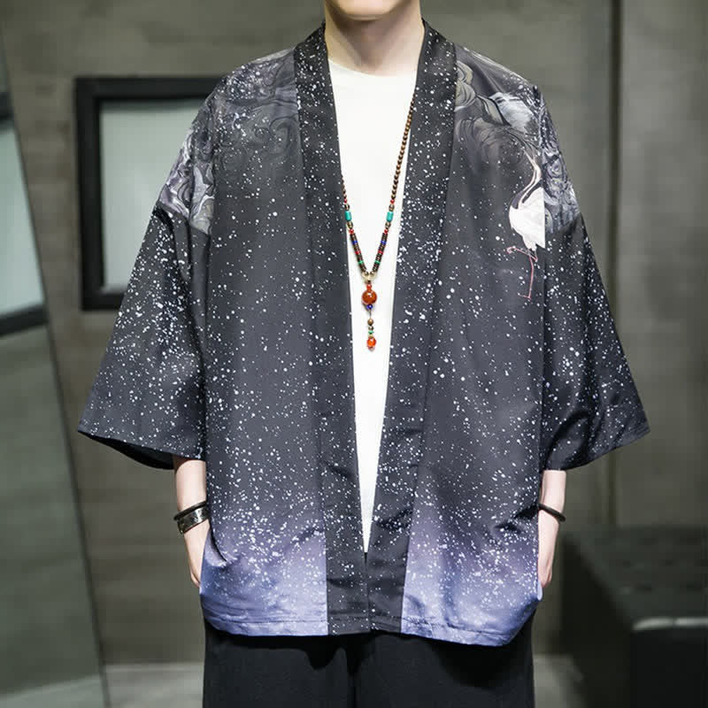Nimara Ritual Summer Casual Lotus Leaves Butterfly Crane Print Open Front Men's Kimono