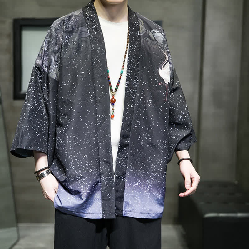 Nimara Ritual Summer Casual Lotus Leaves Butterfly Crane Print Open Front Men's Kimono