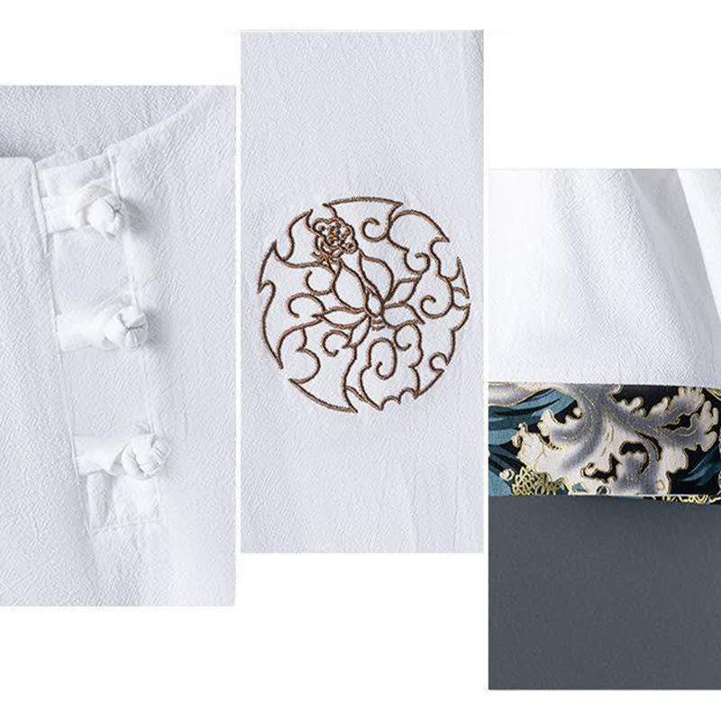 Nimara Ritual Summer Casual Frog Button Flower Embroidery Men's Short Sleeve Shirts