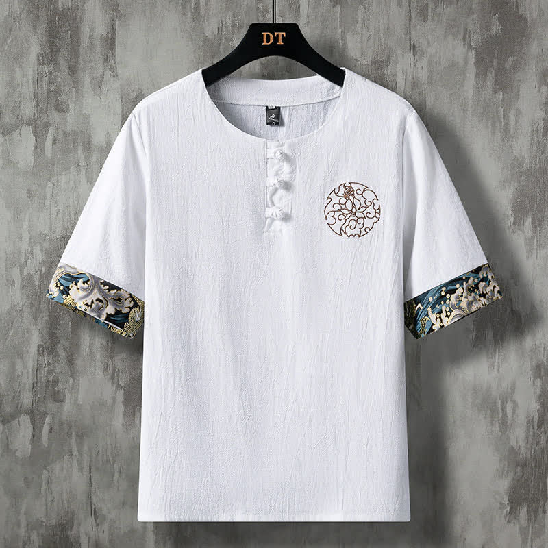 Nimara Ritual Summer Casual Frog Button Flower Embroidery Men's Short Sleeve Shirts
