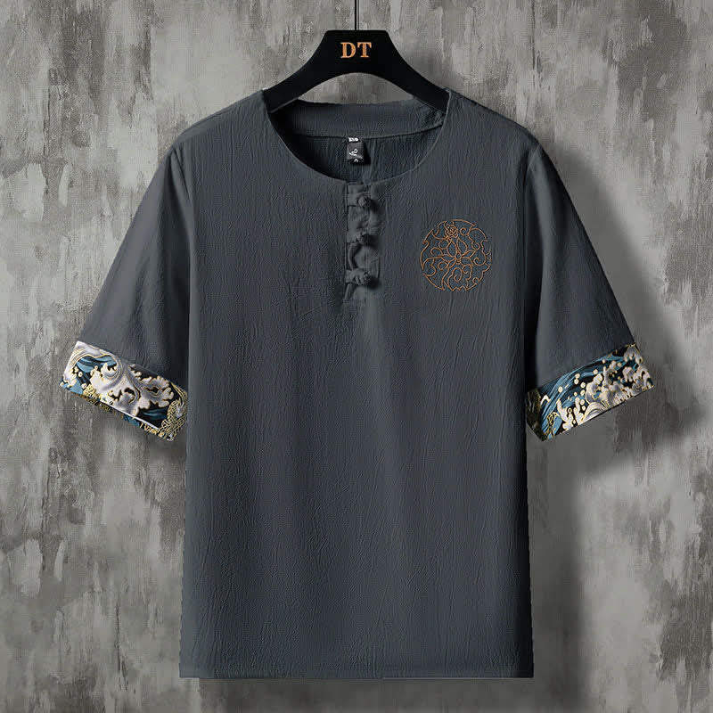 Nimara Ritual Summer Casual Frog Button Flower Embroidery Men's Short Sleeve Shirts