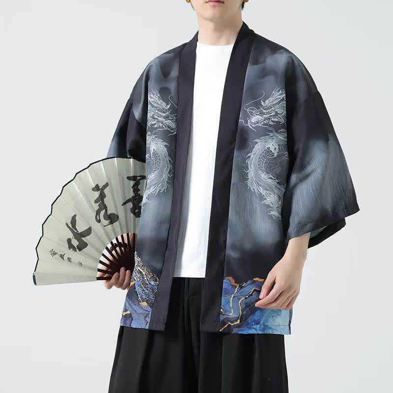 Nimara Ritual Summer Casual Dragon Mountains Open Front Men's Kimono