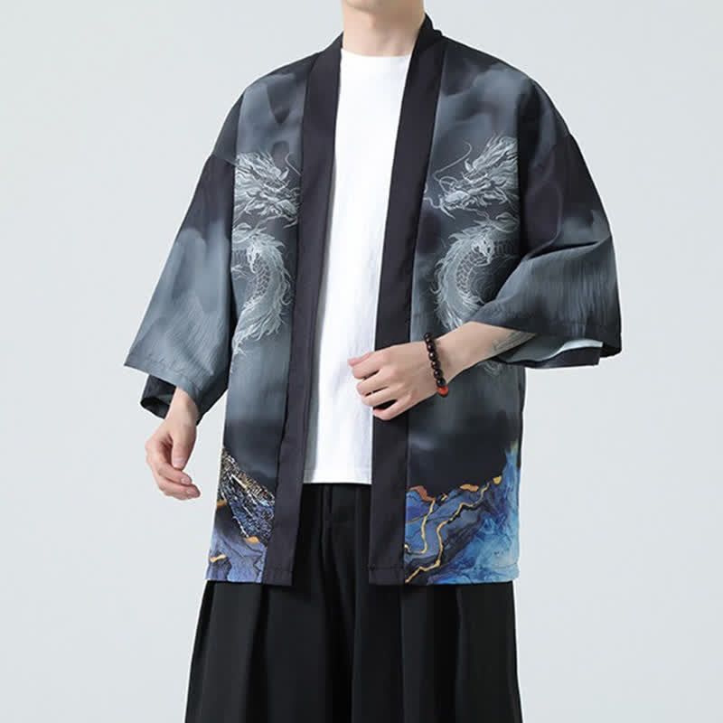 Nimara Ritual Summer Casual Dragon Mountains Open Front Men's Kimono