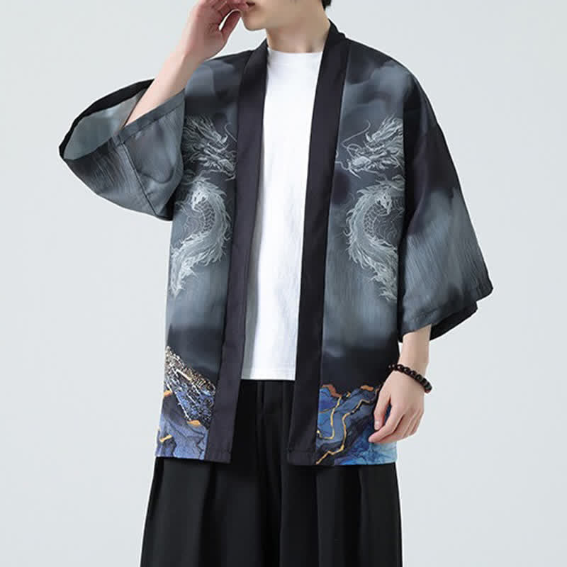 Nimara Ritual Summer Casual Dragon Mountains Open Front Men's Kimono