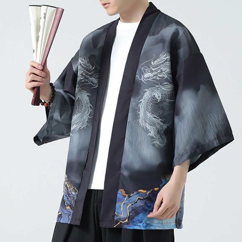 Nimara Ritual Summer Casual Dragon Mountains Open Front Men's Kimono