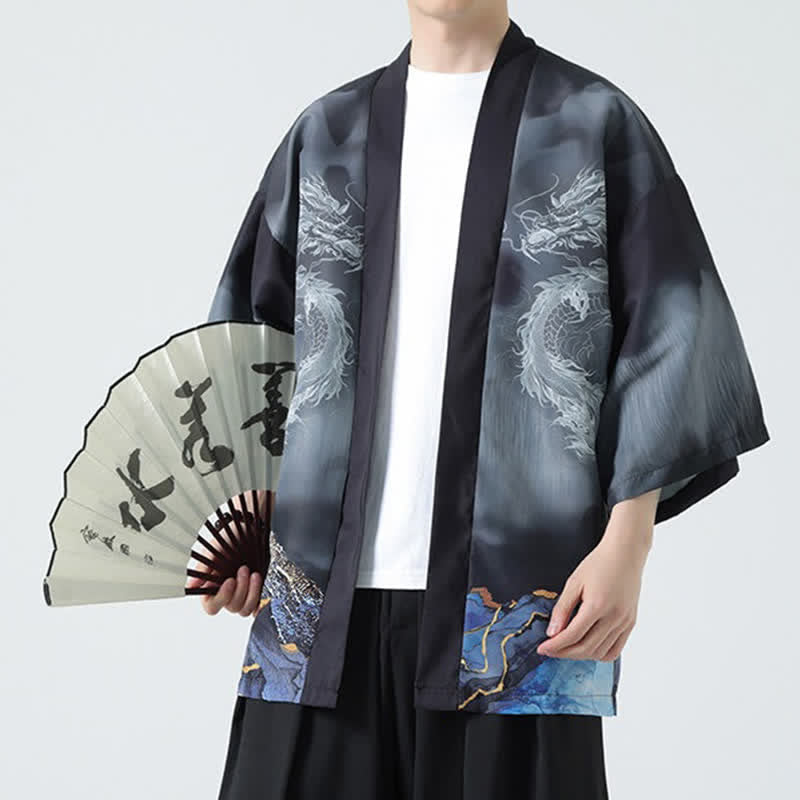 Nimara Ritual Summer Casual Dragon Mountains Open Front Men's Kimono