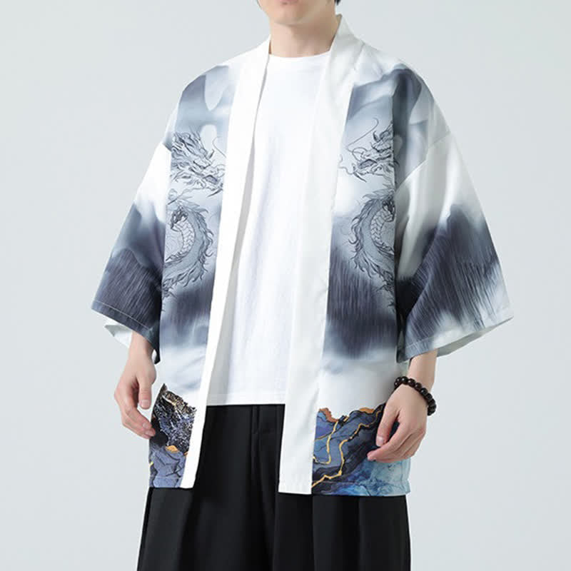Nimara Ritual Summer Casual Dragon Mountains Open Front Men's Kimono