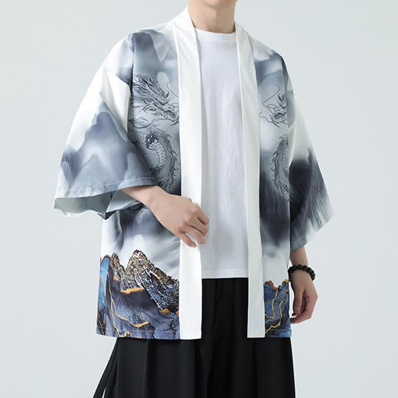 Nimara Ritual Summer Casual Dragon Mountains Open Front Men's Kimono