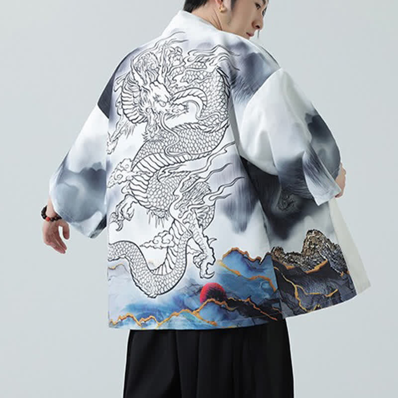 Nimara Ritual Summer Casual Dragon Mountains Open Front Men's Kimono
